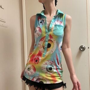 Drop Dead Eyeball Print Sleeveless Button-Up Tunic